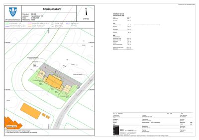 Situasjonskart som viser eiendomsgrunn, bygningers plassering i forhold til veg og naboeiendom, samt arealopplysninger.