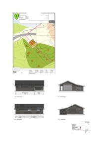 Bildet viser en situasjonsplan øverst, og nedenfor dette fire fasadetegninger (to mot sør og to mot nord) med mål og skala.