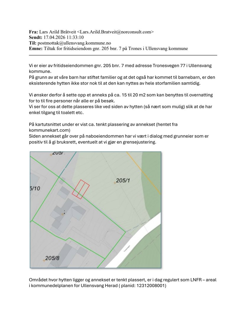 Kartutsnitt (situasjonsplan) som viser tomtene 205/1, 205/8 og 5/10, samt plassering av eksisterende bygninger og et antatt annekset.