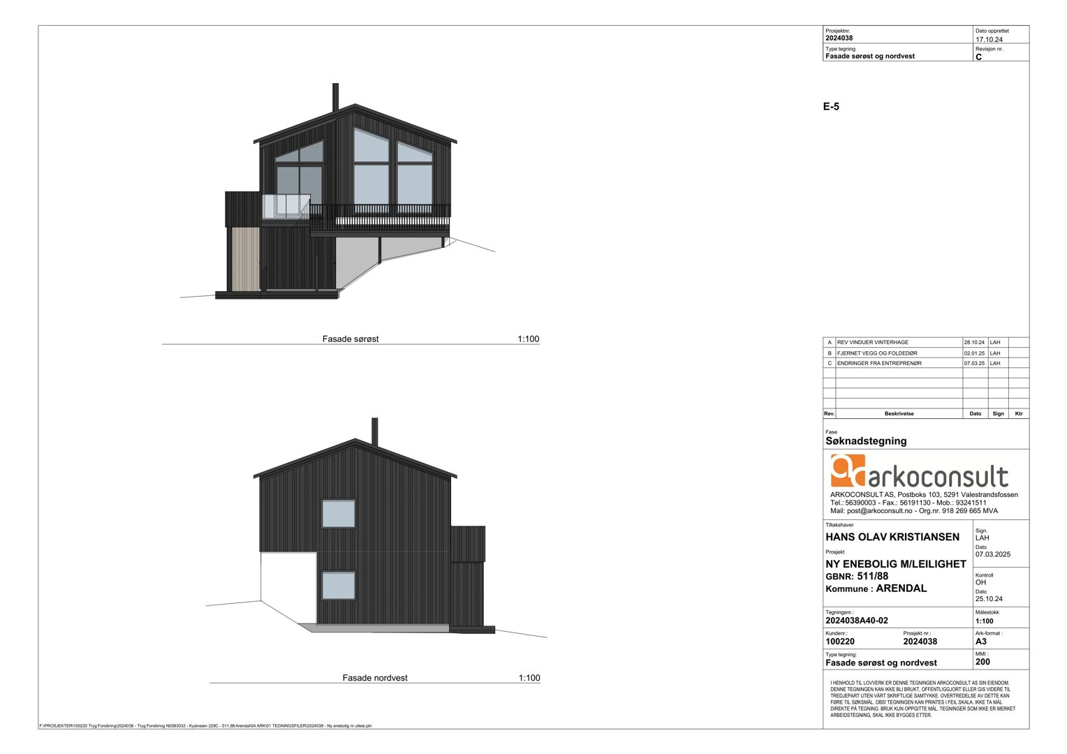 Fasadetegning som viser bygningens utseende sett fra sørøst og nordvest.