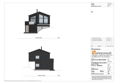 Fasadetegning som viser bygningens utseende sett fra sørøst og nordvest.