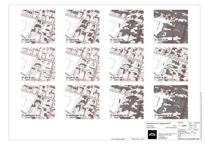 Kart med tomtetegninger og bygningsplasseringer for ulike datområder (mars og juni 2014).