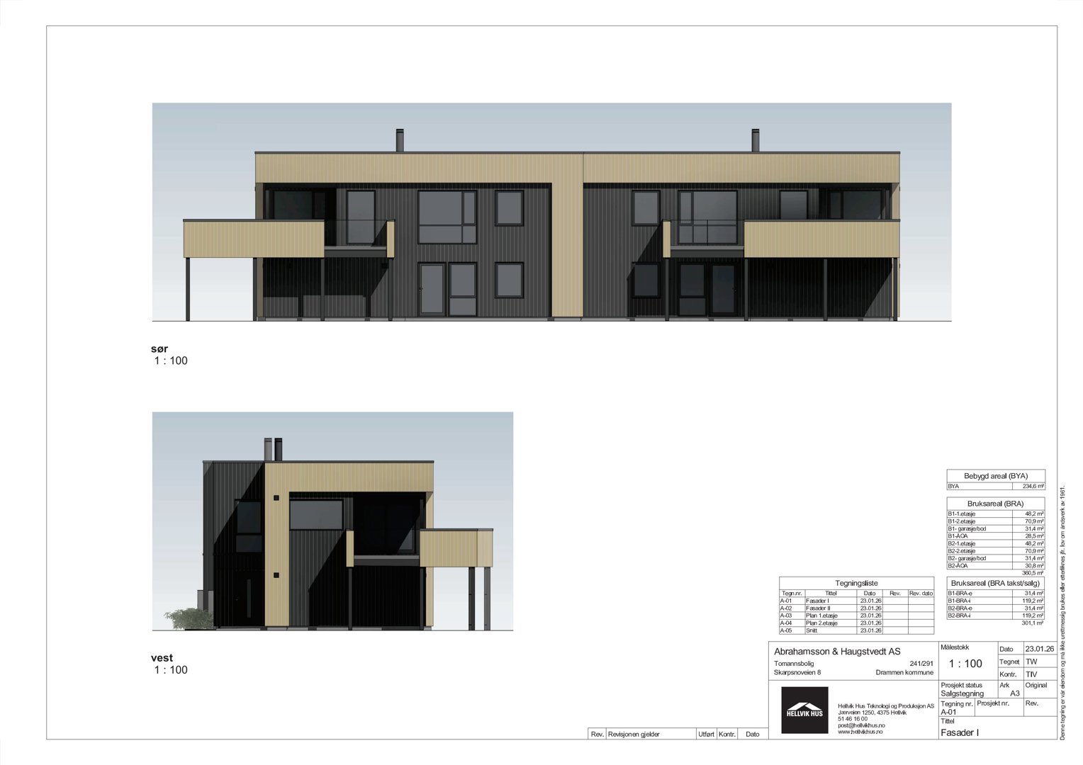 3D-visualisering (rendering) av fasade og situasjon for et nytt bygg, med tegningsinformasjon i bunnen.