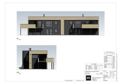 3D-visualisering (rendering) av fasade og situasjon for et nytt bygg, med tegningsinformasjon i bunnen.