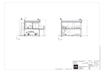Snittegning (tverrsnitt) av en bolig som viser romfordeling, høyder og innvendig konstruksjon.