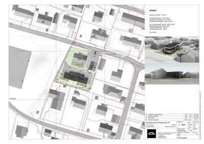 Situasjonsplan som viser tomtens beliggenhet, nabobebyggelse, og plassering av nybygg i forhold til eksisterende arealer og vegger.