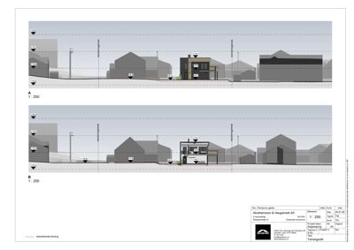 Fasadetegning (opprikk) som viser bygningens høydeprofil, takhøyder og forhold til omgivelsene.