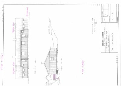 Fasadetegning som viser fronten av en bygning med vinduer og takkonstruksjon.