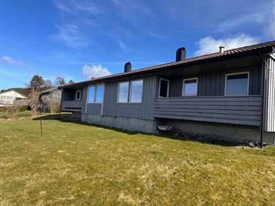 Fotografi av en enebolig sett fra siden, med grønt gress i forgrunnen og blå himmel.