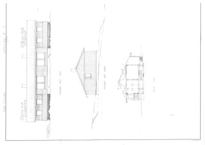 Bildet viser en tegning med fasadetegninger (FASADE MOT VEST, FASADE MOT NORD) og et snitt (SNITT A-A) av en bygning.