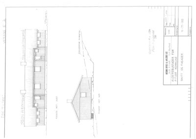 Fasadetegning som viser bygningens utseende fra flere vinkler, inkludert et oppriss.