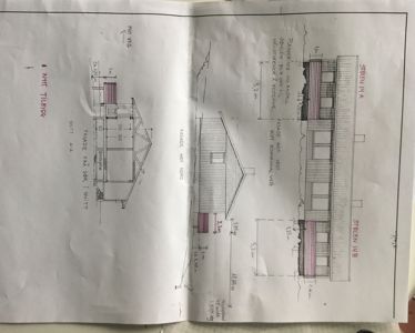 Bildet viser en tegning med fasadeoppriks for to bygninger (Stølen 14A og Stølen 14B) sett fra ulike sider, inkludert mål og konstruksjonsdetaljer.