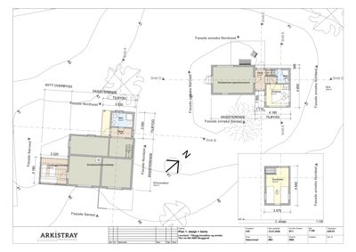 En tegning som viser romfordeling og etasjer for en bygning (Plan 1. etasje + hems) samt tilhørende annekser og snitt.