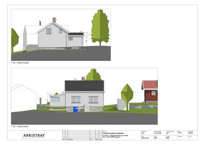 Tegning som viser fasadeoppsettet for en bygning sett fra nordøst og sørøst, inkludert mål og omgivelsene.