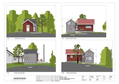 Bildet viser fire fasadetegninger (Sørvest, Nordvest, Nordøst og Sørøst) for en annekshusbygning, inkludert mål og detaljer.