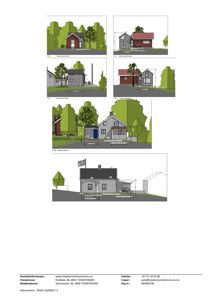 Bildet viser en samling fasadetegninger (opprikk) for en bygning, inkludert front, side og bakside, med mål og detaljer.