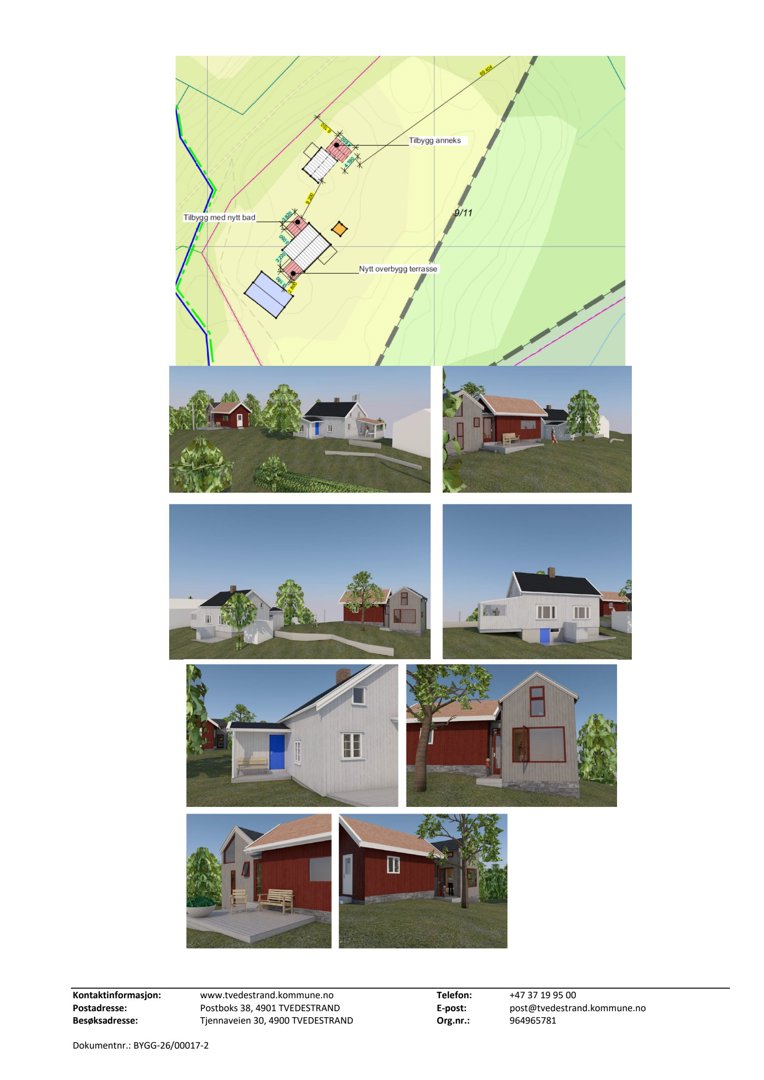 Bildet viser en situasjonsplan øverst, fulgt av flere 3D-visualiseringer (renderinger) som illustrerer hvordan bygningene vil se ut i landskapet.