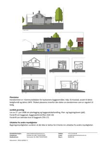 Bildet viser en samling fasadetegninger (opprikk) av et hus sett fra ulike vinkler, samt tekster om planstatus og juridisk grunnlag for byggesaken.