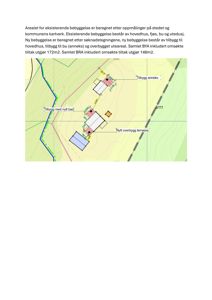 Situasjonsplan som viser eksisterende og planlagt bebyggelse på tomta, inkludert mål på tilbygg og terrasser.