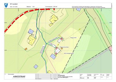 Situasjonsplan som viser tomtens form, eksisterende og planlagte bygninger (gule felter), infrastruktur (veier i rødt/gul) og arealbruk.