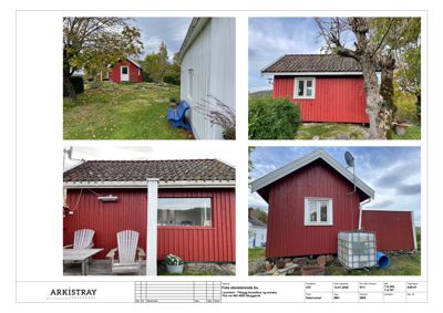 Fotografier av en eksisterende rød hytte med omgivelser, inkludert trær, gress og utemøbler.