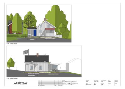 Fasadetegning som viser bygningens utseende fra to sider (Sørvest og Nordvest) med mål og detaljer.