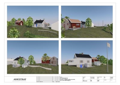 3D-visualiseringer (renderinger) av en planlagt bygning sett fra ulike vinkler.