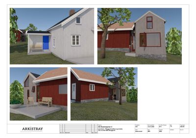 3D-visualisering (rendering) av en bygning sett fra flere vinkler, inkludert fasade og omgivelser.