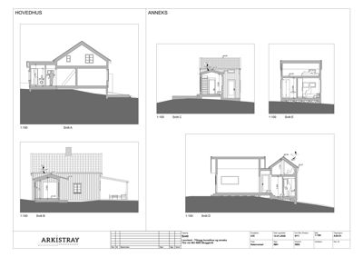 Snittegninger av hovedhus og annekset som viser innvendig oppbygning, høyder og konstruksjon.