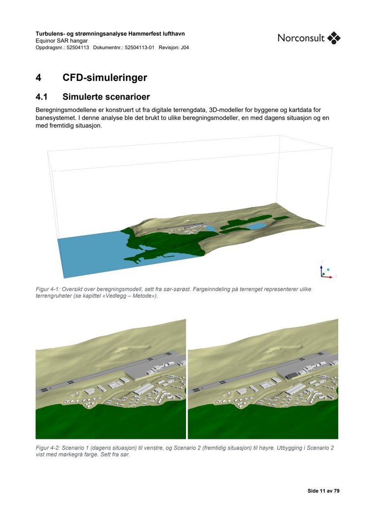 3D-visualiseringer av et beregningsmodell for CFD-simuleringer ved Hamnerfest lufthavn. Bildet viser to scenarier for terreng og bygninger sett fra sør.