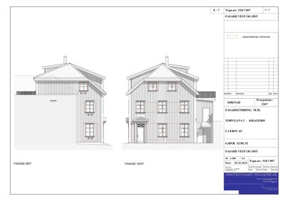 Fasadetegning som viser bygningens utseende fra øst og vest med vinduer, dører og takform.