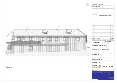 Fasadetegning (opprikk) av bygningens sydfasade med tegning av eksisterende åpninger og utvendig fasadebehandling.