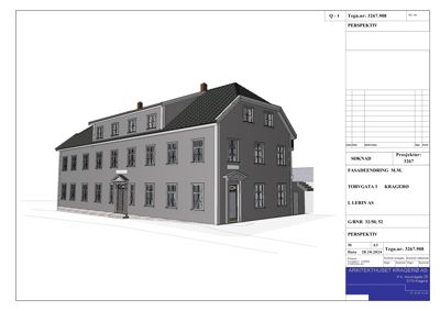 3D-visualisering (perspektiv) av en planlagt fasade for en bygning i Torvgata 3, Kragerø.