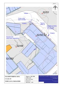 Situasjonsplan som viser tomtene (32/48, 32/50,52, 32/51), eksisterende bygninger, planlagte endringer i fortau og innganger, samt nabolagsgrenser.