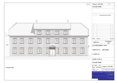 Fasadetegning (opprikk) av en bygning sett fra nord, som viser vinduer, dører og takform.