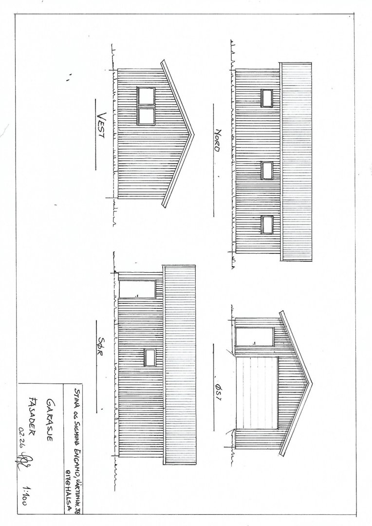 Fasadetegning som viser bygningens utseende fra fire sider (Nord, Sør, Øst og Vest).