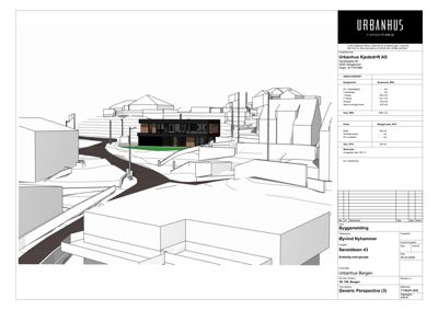 3D-visualisering (rendering) av et nytt bygg i en eksisterende bymiljø, med detaljer om volum og fasade.
