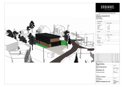 3D-visualisering av en husprosjekt i et snitt, med omgivende terreng og nabohus.