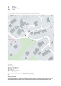 Et digitalt kart (sannsynligvis fra Google Maps eller lignende) som viser en gateløp i et boligområde med bygninger, veier og grøntområder. Det er også en e-postkorrespondanse om RTP (Rettighetsplan) overlagd på kartet.