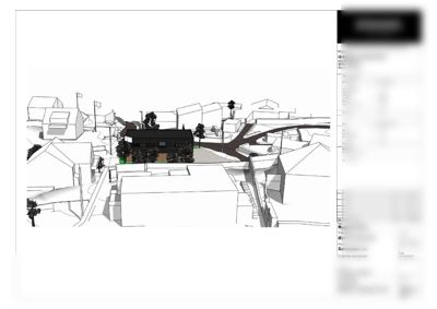 3D-visualisering (rendering) av et hus i sitt omgivelser, inkludert nabohus, veier og trær.
