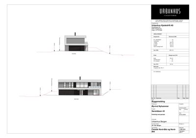 Fasadetegning som viser bygningens utseende sett fra nord og øst, inkludert detaljer om vinduer, dører og takform.