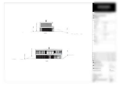 Fasadetegning som viser bygningens utseende sett fra nord og øst, inkludert detaljer om vinduer, dører og takform.