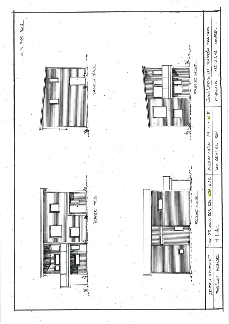 Fasadetegning som viser bygningens utsyn fra fire ulike vinkler (vest, øst, nord og sør).