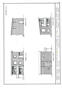Fasadetegning som viser bygningens utsyn fra fire ulike vinkler (vest, øst, nord og sør).