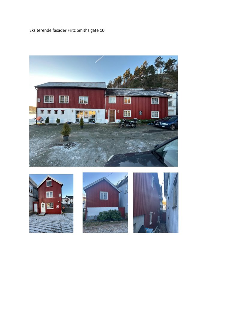 Fotografier av eksisterende fasader på Fritz Smiths gate 10, inkludert hovedfasade og detaljer fra siden og bak.