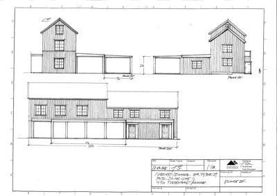 Fasadetegning som viser bygningens utseende fra tre ulike vinkler (for, side og bak).