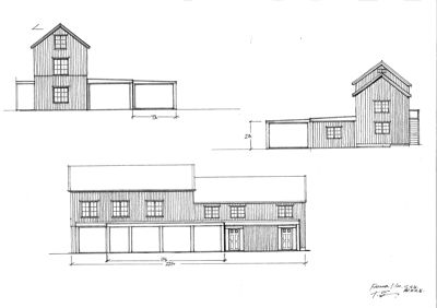 En håndtegnet fasadeopprikk (elevation) som viser tre sider av en planlagt bygning med mål og detaljer.