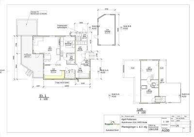 Plantegning som viser romfordeling og dimensjoner for etasjen 1 og loftet i en bolig.
