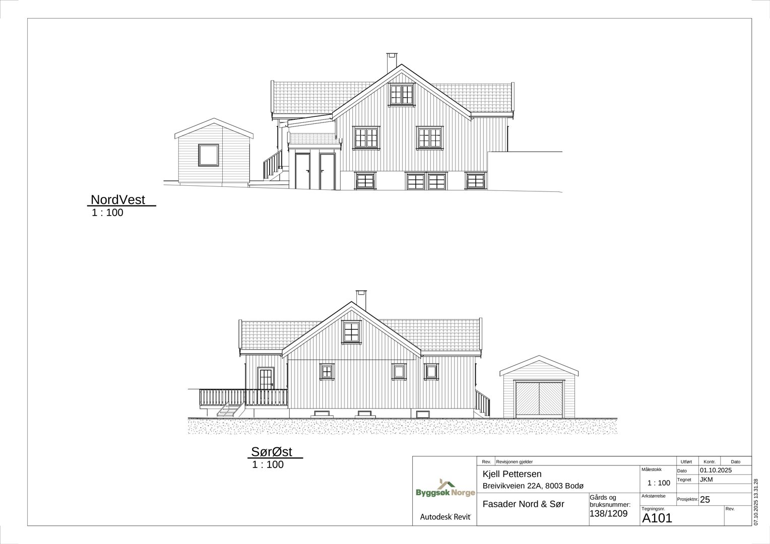 Fasadetegning som viser bygningens utseende fra Nordvest og Sørøst.