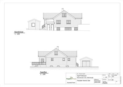 Fasadetegning som viser bygningens utseende fra Nordvest og Sørøst.